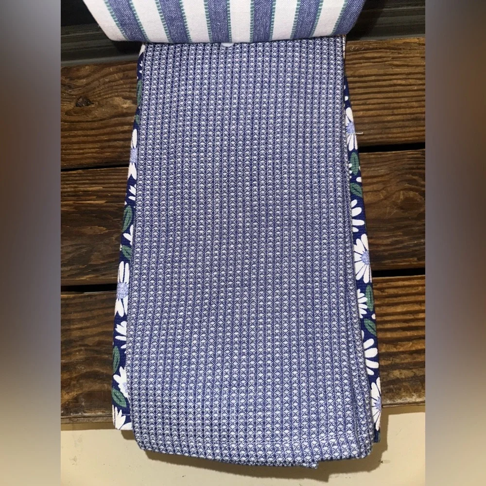 Blue Daisies Floral and Striped Kitchen Towels New